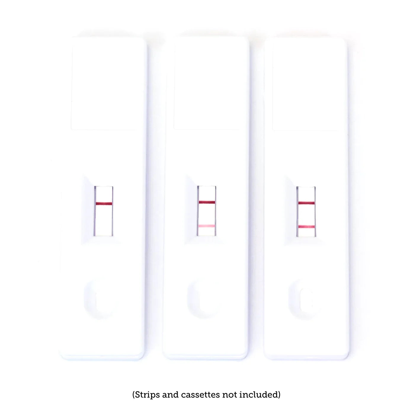 Lateral flow tests with red lines, showcasing the function of 40 nm gold nanospheres for conjugation
