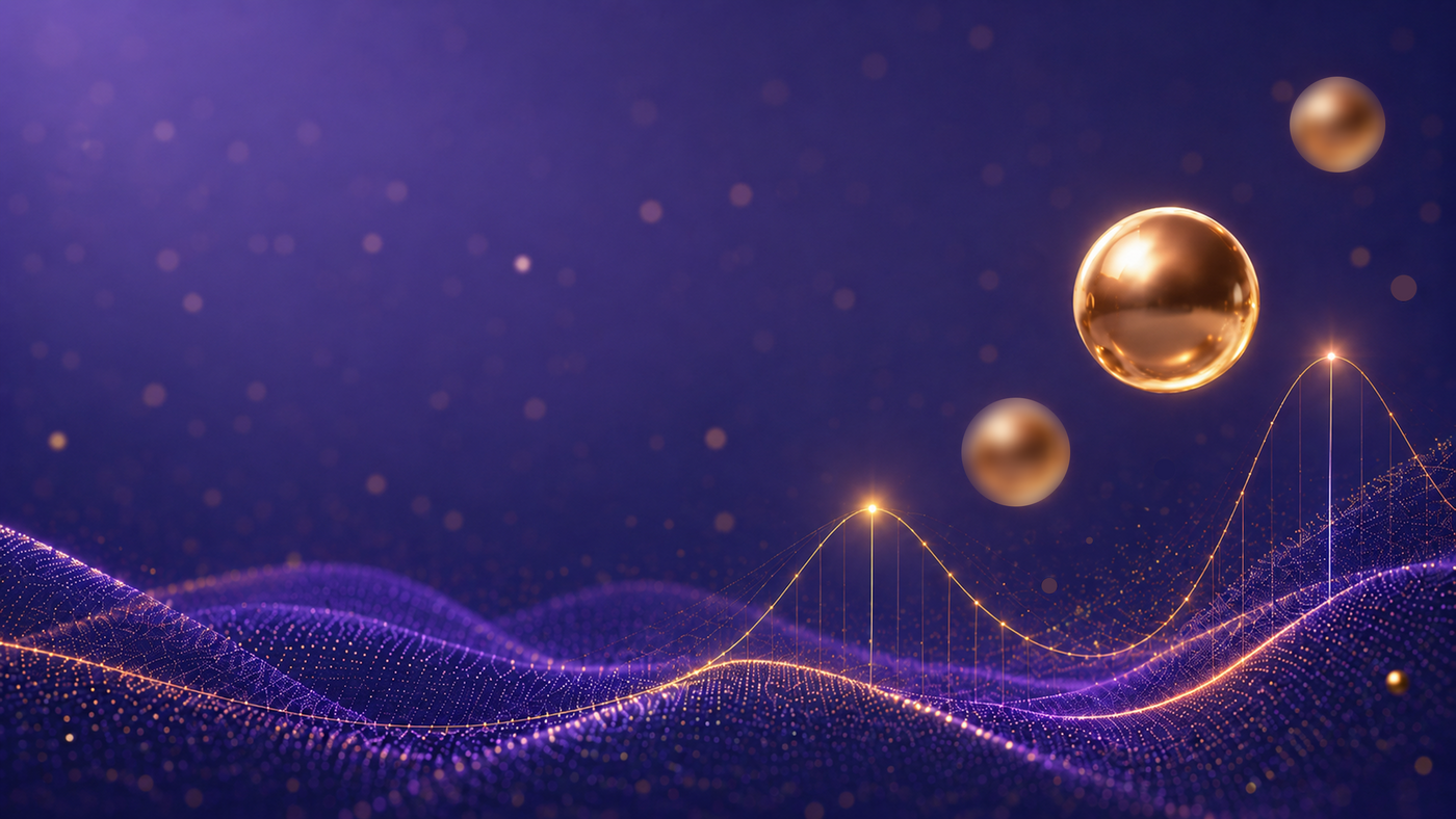 Gold nanoparticles on a purple background with an artistic rendering of a UV-VIs spectrum in gold
