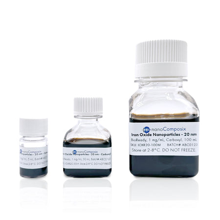 Three bottles of nanoComposix Iron Oxide Nanoparticles on a white background