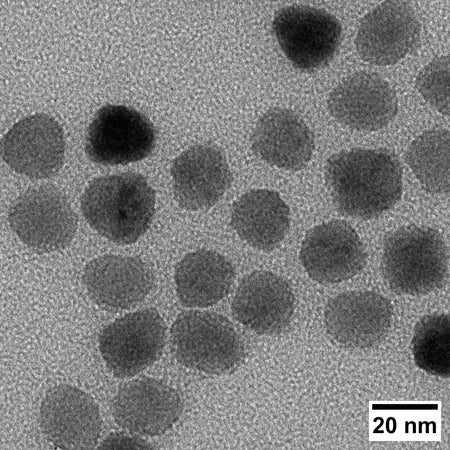 TEM image of iron oxide nanoparticles with a scale bar indicating 20 nm.